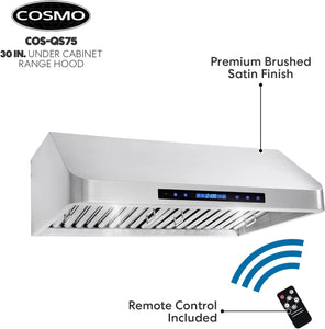 COSMO COS-QS75 30 in. Under Cabinet Range Hood with 500 CFM, Permanent Filters, LED Lights, Convertible from Ducted to Ductless (Kit Not Included) in Stainless Steel