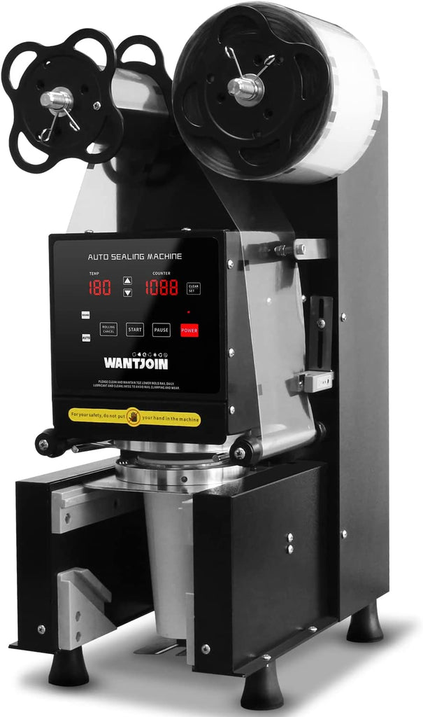 WantJoin Cup Sealing Machine Full Automatic Cup Sealer Machine 90/95mm 35.4/37.4in Electric Cup Sealing Machine 500-650 Cups/H Digital Control LCD Panel Cup Sealer for Bubble Milk Tea Coffee (Black)