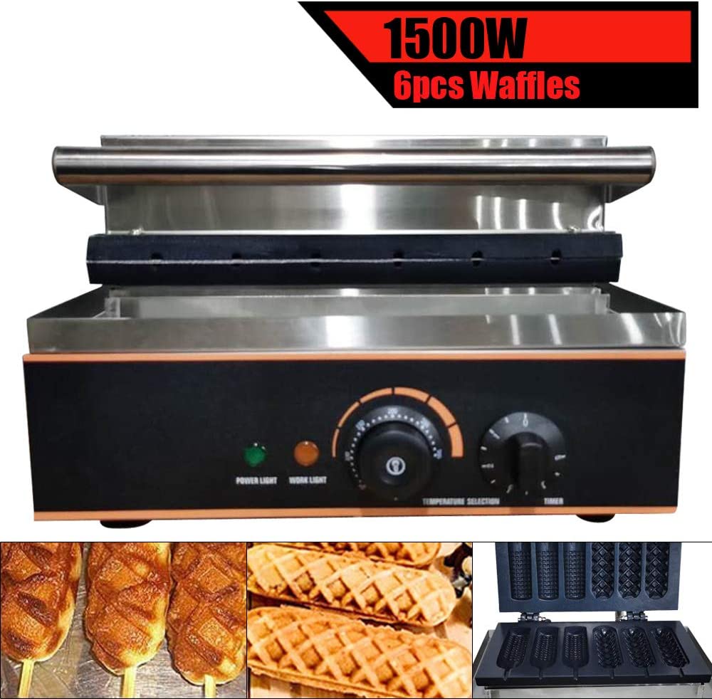 1500W Commercial Nonstick Hot Dog Waffle Machine Electric Lolly Dog Stick Waffle Maker 6pcs Non-stick Hot Corn Dog Presser Maker Waffel Stick Machine French Muffin waffle Stainless Steel (2 shape)