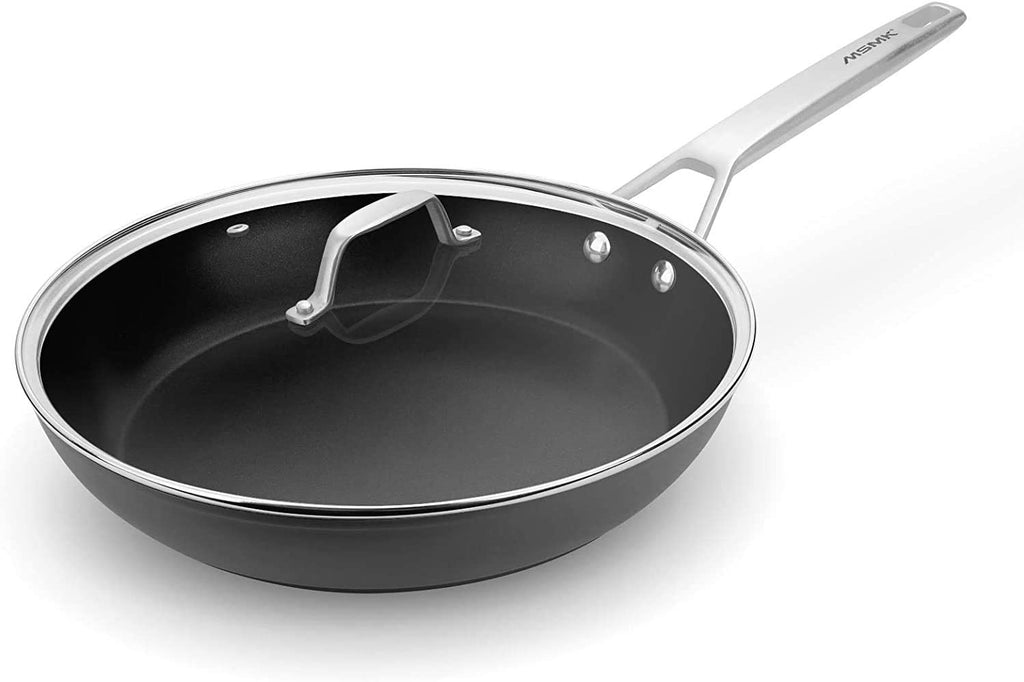 MSMK 12-inch Large Nonstick Frying Pan with Lid, Stay-Cool Handle, Titanium and Diamond Non Stick Coating From USA, 4mm Stainless Steel Base Induction Compatible, Oven Safe, Dishwasher Safe Fry Pan