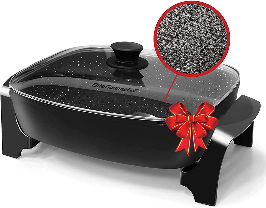 Elite Gourmet EG6203 Extra Deep 16"x13"x3.2" (10.5Qt.) Scratch Resistant, Easy Pour Spout Dishwasher Safe, Non-stick Electric Skillet with Glass Vented Lid, Adjustable Temperature, Black