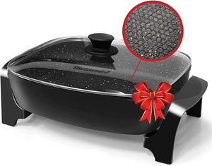 Elite Gourmet EG6203 Extra Deep 16"x13"x3.2" (10.5Qt.) Scratch Resistant, Easy Pour Spout Dishwasher Safe, Non-stick Electric Skillet with Glass Vented Lid, Adjustable Temperature, Black