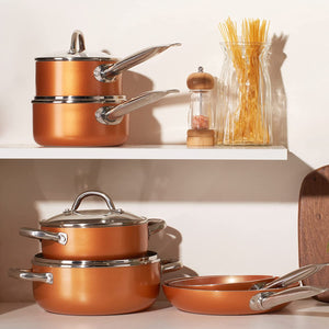 REDMOND Copper Pots and Pans Set, 10 Piece Nonstick Chef Cookware Set with Ceramic Coating, No Assembly Required Stainless Steel Handles, Dishwasher & Oven Safe, Orange