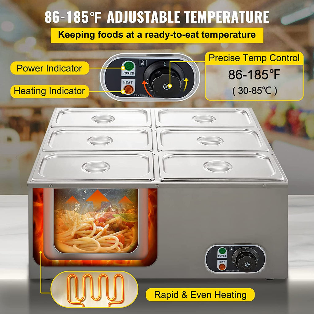 VEVOR 110V 6-Pan Commercial Food Warmer 850W Electric Countertop Steam Table 15cm/6inch Deep Stainless Steel Bain Marie Buffet Large Capacity 7 Quart, Silver