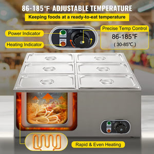 VEVOR 110V 6-Pan Commercial Food Warmer 850W Electric Countertop Steam Table 15cm/6inch Deep Stainless Steel Bain Marie Buffet Large Capacity 7 Quart, Silver