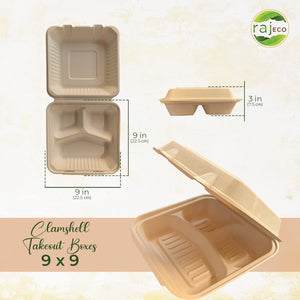 Raj Eco Bagasse 9" x 9" Clamshell Takeout Containers- 100 Pack- Compostable and Disposable Heavy Duty containers for parties, Restaurants, Food Trucks, and leftovers - Alternative to Plastic & Paper