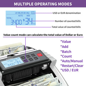 Aneken Money Counter Machine with Value Count, Dollar, Euro UV/MG/IR/DD/DBL/HLF/CHN Counterfeit Detection Bill Counter, ValuCount, Add and Batch Modes, Cash