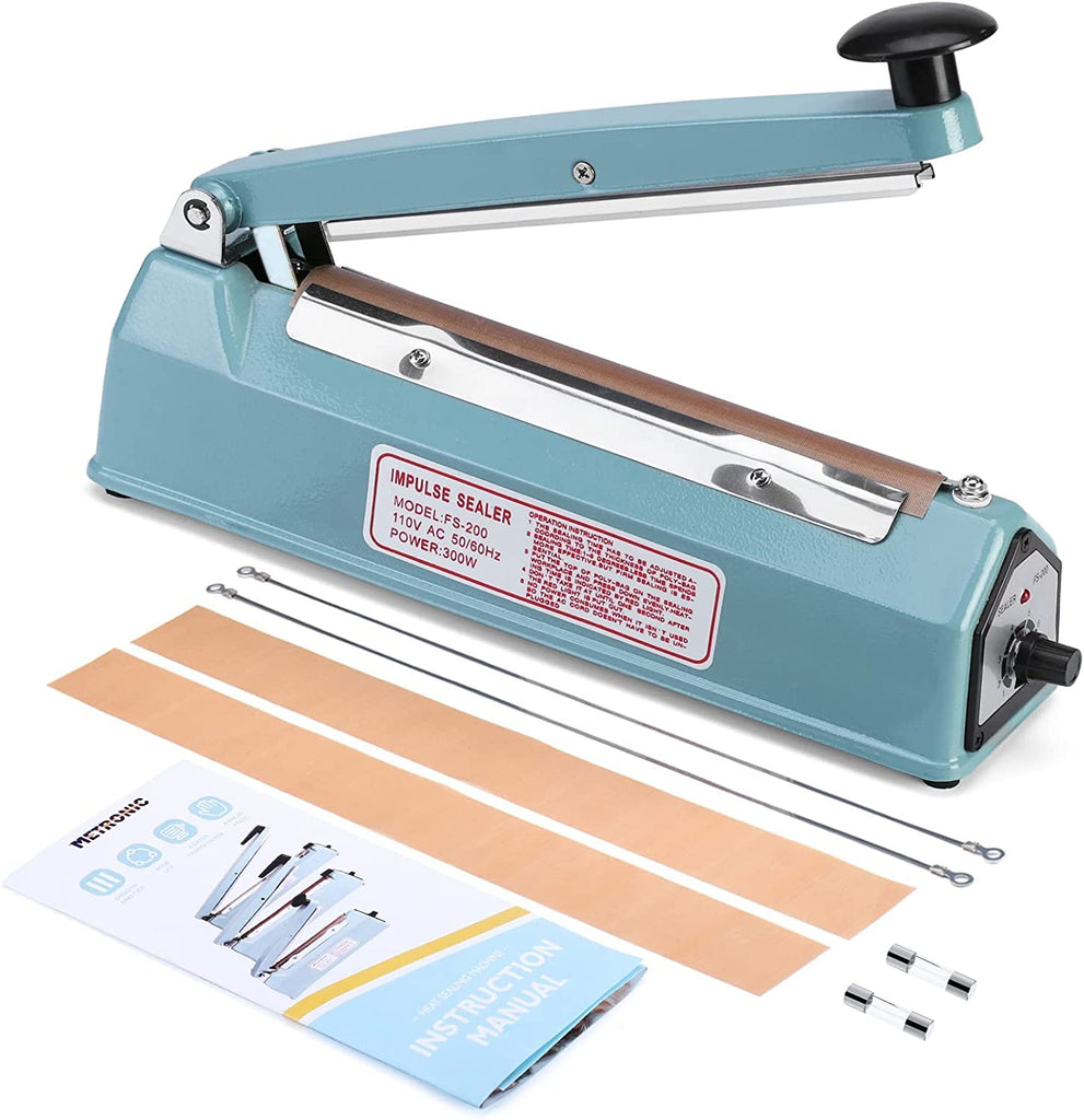 METRONIC Impulse Sealer 8 inch, Manual Heat Sealer Machine for Plastic Bags, Shrink Wrap Bag Sealers Heavy Duty Sealing Machine With Repair Kit ( Blue )
