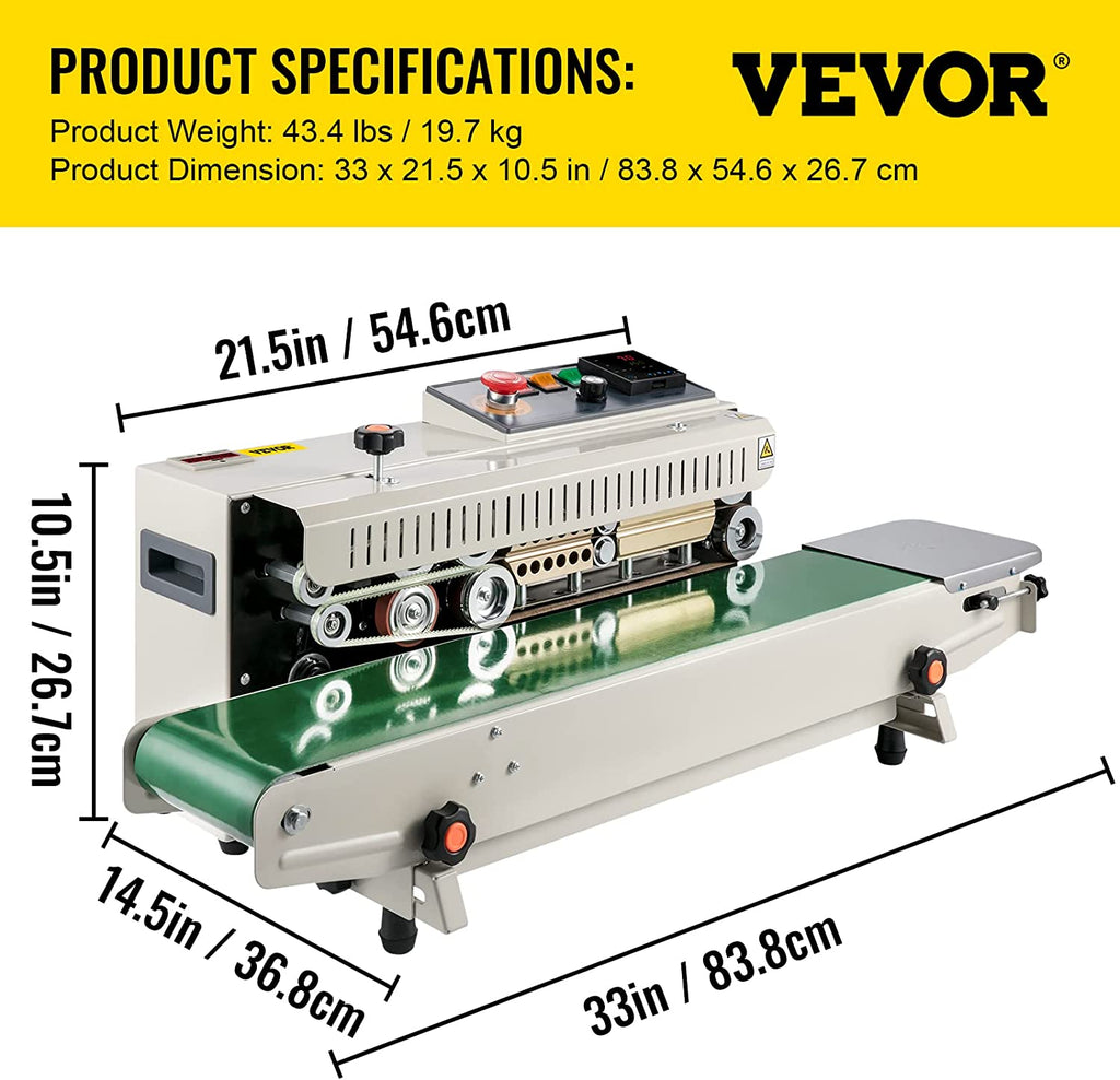 VEVOR Continuous Bag Band Sealing Machine FR770A Horizontal Bag Sealer with Digital Temperature Control Band Sealer Machine for 0.02-0.08 mm Plastic Bags Continuous Band Sealer with Printing Function