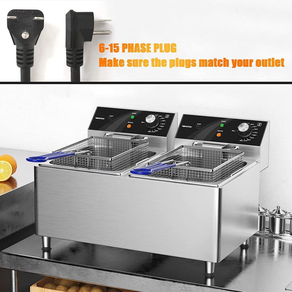 TOPKITCH Deep fryer Commercial Deep Fryer 12L x 2 Dual Tank Electric Deep Fryers with Basket Electric Countertop Fryer for Restaurant with 2 Frying Baskets and Lids, 3300W x 2, 240V, 6-15 Phase Plugs