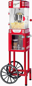 Nostalgia Retro Popcorn Maker Cart, 2.5 Oz Kettle Makes 10 Cups, Vintage Movie Theater Popcorn Machine with Interior Light, Measuring Spoons and Scoop, Retro Red