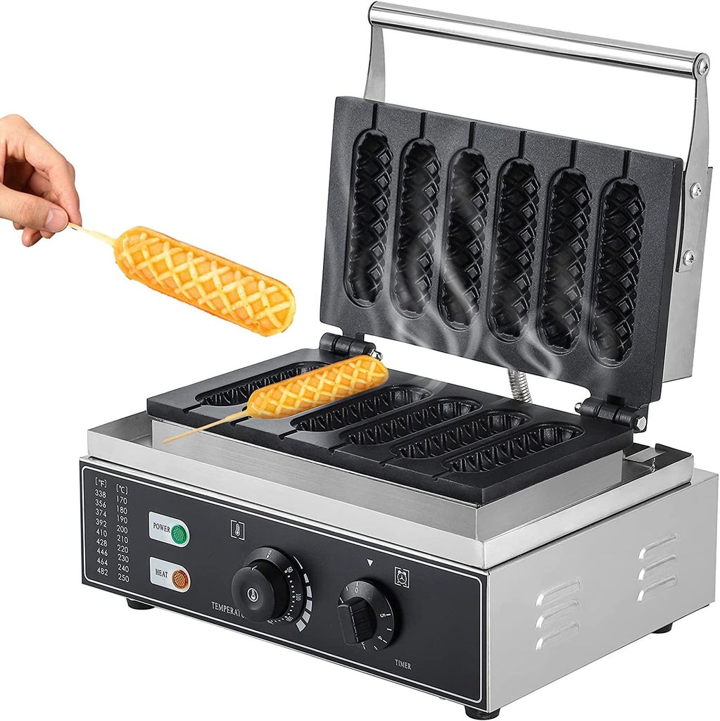 CGOLDENWALL Commercial/Home Electric Corn Hot Dog Machine Non-stick French Muffin Waffle Irons 6Pcs Waffle Stick Maker Stainless Steel Temperature Range 50-300 ℃ Timer 0-5 Min 1550W 110V