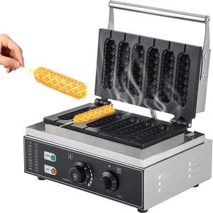 CGOLDENWALL Commercial/Home Electric Corn Hot Dog Machine Non-stick French Muffin Waffle Irons 6Pcs Waffle Stick Maker Stainless Steel Temperature Range 50-300 ℃ Timer 0-5 Min 1550W 110V