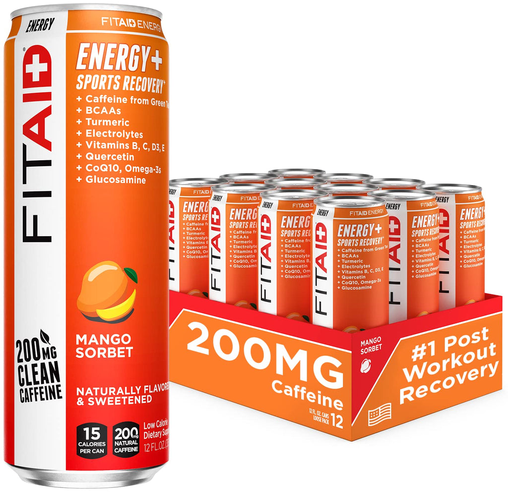 FITAID ENERGY, 200mg Natural Caffeine, Keto, Mango Sorbet, Optimum Performance Formula: BCAAs, Quercetin, Electrolytes, Omega-3s, 15 calories, Paleo, Vegan & Gluten-Free, No Artificial Sweeteners, 12-oz. cans (Pack of 12)
