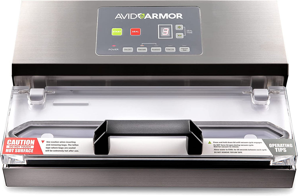 Avid Armor A100 Food Vacuum Sealer Machine Stainless Construction, Clear Lid, Commercial Vacuum Double Piston Pump Heavy Duty 12" Wide Seal Bar Built in Cooling Fan Includes 30 Pre-cut Vacuum Sealer Bags and Accessory Hose