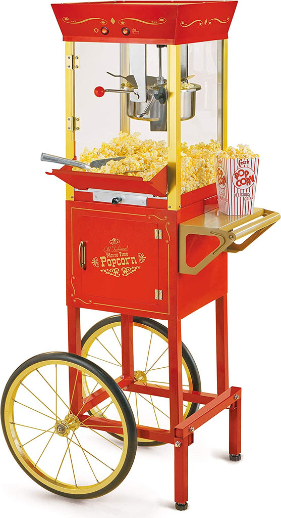 Nostalgia Popcorn Maker Professional Cart, 8 Oz Kettle Makes Up to 32 Cups, Vintage Movie Theater Popcorn Machine with Interior Light, Measuring Spoons and Scoop, Red