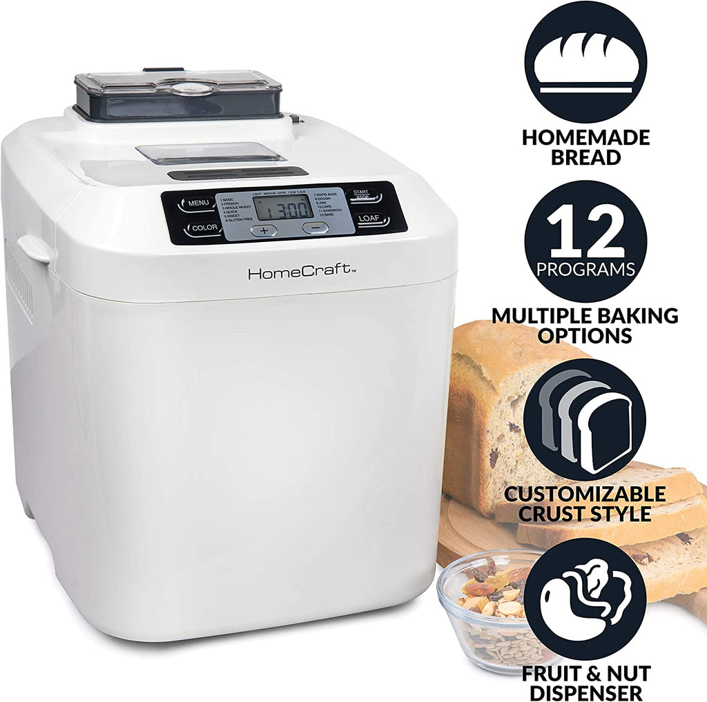 HomeCraft HCPBMAD2WH Bread Maker with Auto Fruit & Nut Dispenser Makes 2 Lb. Loaf Size, 3 Crust Options, 12 Programmable Settings, White