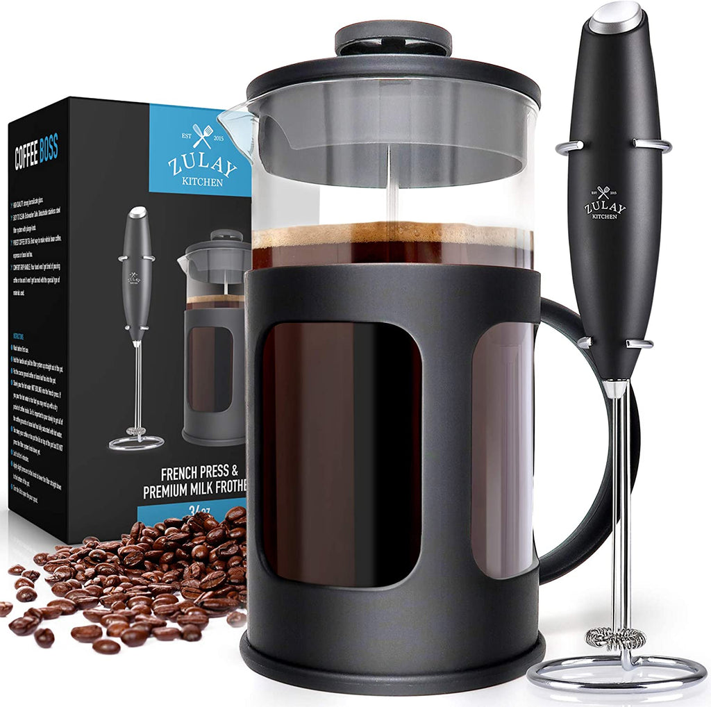 Zulay Premium French Press Coffee Pot and Milk Frother Set - (8 Cups, 34 oz) Coffee Press Glass Carafe with Powerful Double-Mesh Stainless Steel Filter System for Filtering Out Fine Coffee Grounds
