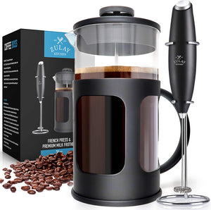 Zulay Premium French Press Coffee Pot and Milk Frother Set - (8 Cups, 34 oz) Coffee Press Glass Carafe with Powerful Double-Mesh Stainless Steel Filter System for Filtering Out Fine Coffee Grounds