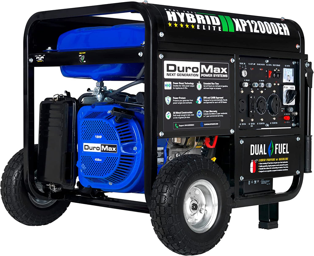 DuroMax XP12000EH Generator-12000 Watt Gas or Propane Powered Home Back Up & RV Ready, 50 State Approved Dual Fuel Electric Start Portable Generator, Black and Blue