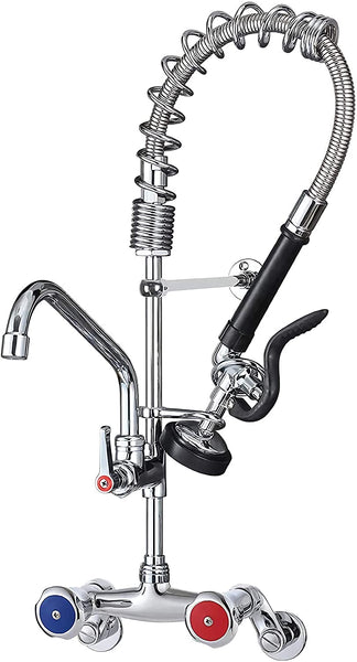 CWM Commercial Faucet Wall Mount Pre Rinse Faucet with Pull Down Sprayer Brass Construction Polished Chrome 26" Height Adjustable 4 to 10" Center...
