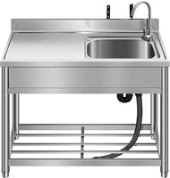 Free Standing Stainless-Steel Single Bowl Commercial Restaurant Kitchen Sink Set w/Faucet & Drainboard, Prep & Utility Washing Hand Basin w/Workbench & Storage Shelves Indoor Outdoor (39.5in) Food Truck Business Equipment