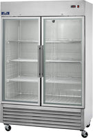 Arctic Air AGR49 Two Door Glass Reach-In Refrigerators, 2 doors 6 shelves, 33DF to 41DF, 49 cu. ft, Stainless Steel